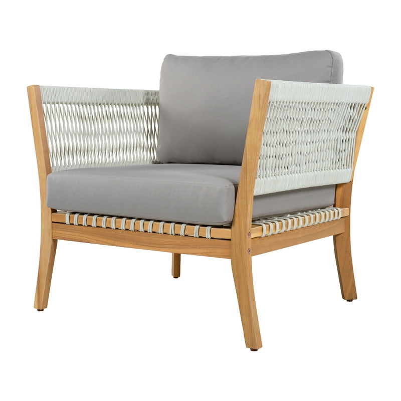 1Pcs Outdoor Acacia Wood Dining Chair with Woven Rope Armrests, Weather-Resistant Modern Accent Armchair with Thick Cushions
