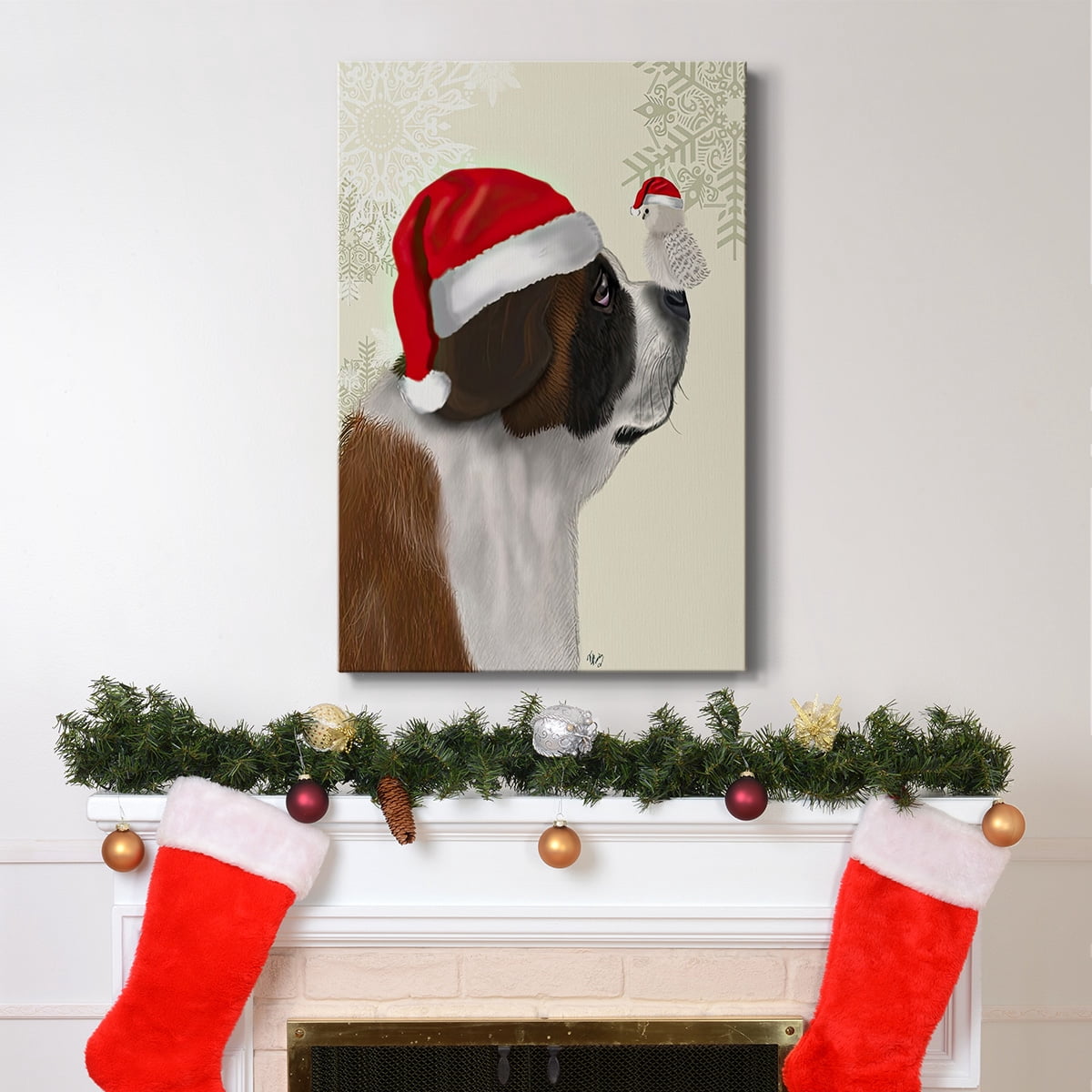 Christmas St Bernard and Fluffy Owl- Gallery Wrapped Canvas