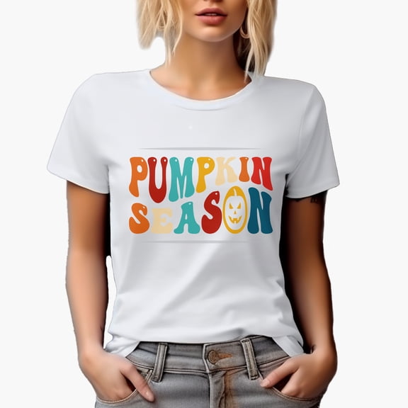 Pumpkin Season, Fall or Autumn Themed, Groovy Retro Wavy Text Merch Gift, White T-Shirt, Small