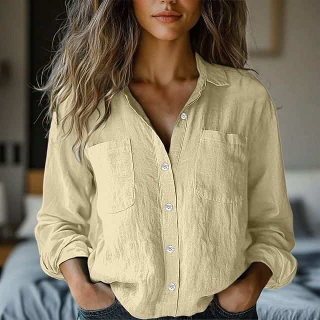 BVOFAR Womens Summer Button Down Shirts Casual Long Sleeve Blouses Solid Color Lapel Tops with Pockets 2025
