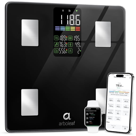 Arboleaf Smart Bathroom Scale, 14 Body Composition Metrics (BMI/Body Fat/Muscle Mass), Large LED Display, App Sync, 500lbs Capacity, 11.8"