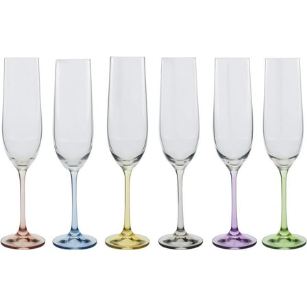 Bohemia Rainbow Set of 6 Champagne Flute Multi Colored Crystal Glasses, 6.5 Oz