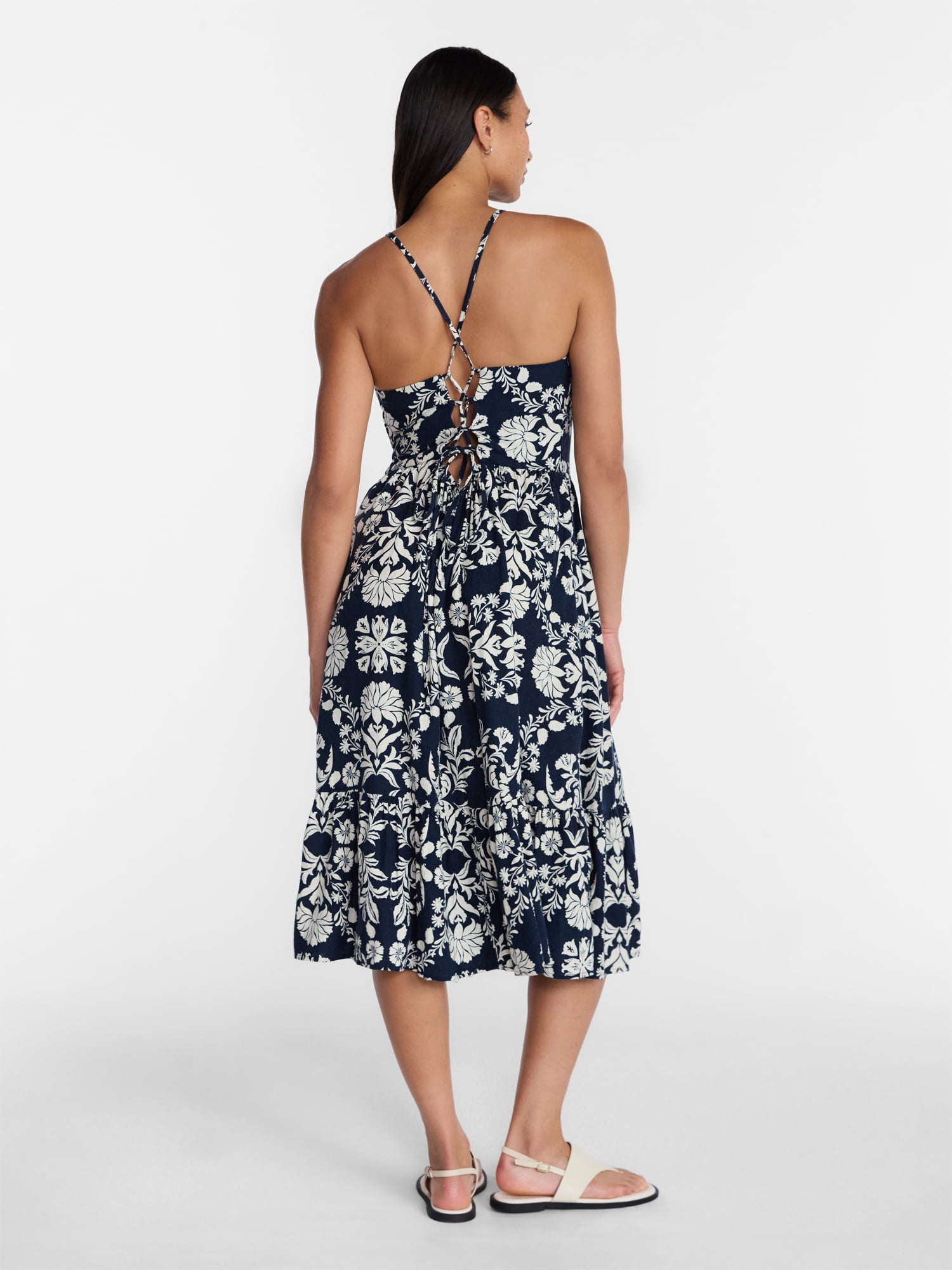 Time and Tru Women's Linen Blend Lace Up Halter Dress, Sizes XS-XXXL
