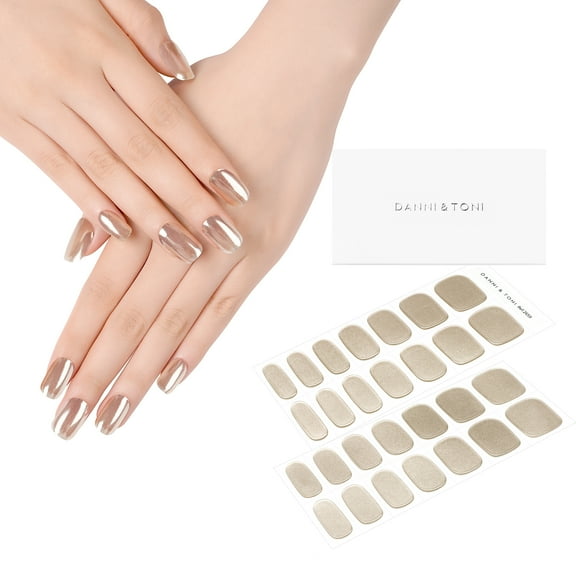 DANNI & TONI Semi Cured Gel Nail Strips Champagne Gold (Golden Veil) Mirror Gel Nail Wraps UV Nails 28 Stickers