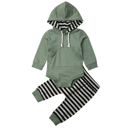 

Multitrust Baby Boy Autumn Clothes Hooded Tops Romper Striped Long Pants Outfit