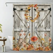 HVEST Fall Mushroom Shower Curtain for Bathroom Country Wildflower and Autumn Leaves on Rustic Barn Door Bathroom Shower Curtains with Hooks, Western Farmhouse Bathroom Curtains Shower Set 60x72 inch