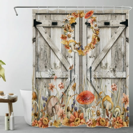 HVEST Fall Mushroom Shower Curtain for Bathroom Country Wildflower and Autumn Leaves on Rustic Barn Door Bathroom Shower Curtains with Hooks, Western Farmhouse Bathroom Curtains Shower Set 60x72 inch
