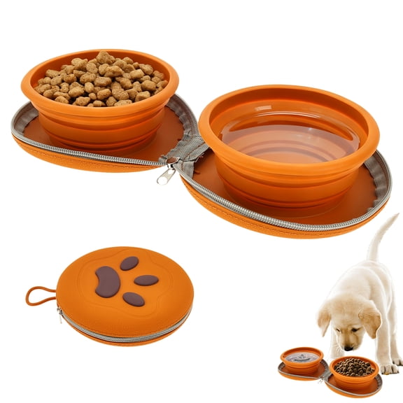 Threns Foldable Dog Bowl 2 in 1 Silicone Pet Food and Water Bowl with Carabiner Portable Double Compartment Dish for Travel Camping Hiking Puppy Essential (Brown or Pink)