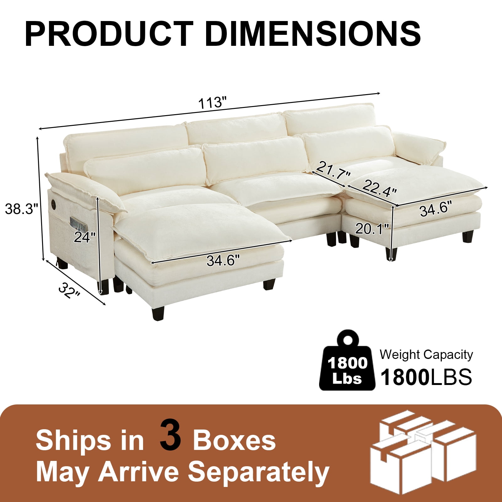 Howcool 113" Modular Sectional Sofa , 3 Seater U-Shaped Cloud Couch with Movable Ottoman, USB Charging Ports & Side Pockets, Sectional couchs for Living Room,Chenille Fabric,Beige