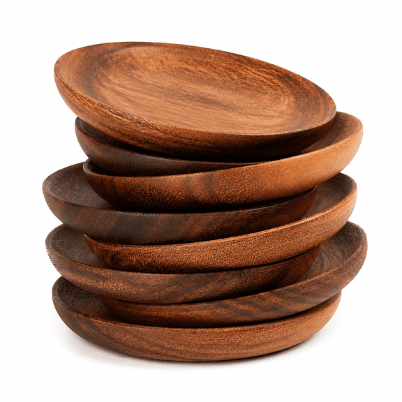 RAIRSKY Wooden Dinner Plates Set of 7,Round Wood Serving Tray Wooden Plates for Eating Salad Fruit Food Dishes Platter Boards Plate Cheese Serving Board Serving Platters