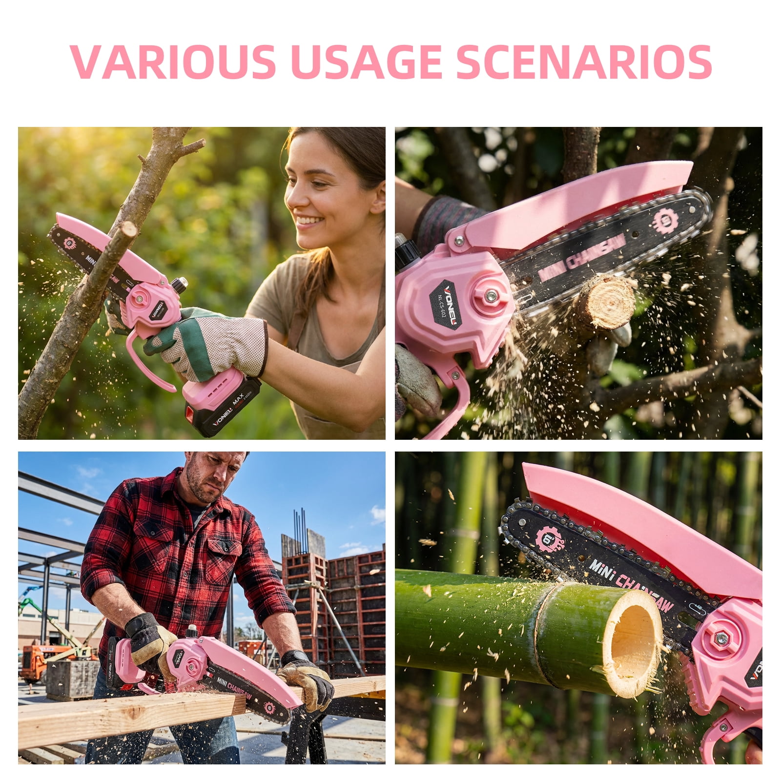 ZLieatmp 6-inch Electric Chainsaw，Handheld Mini Chainsaw for Wood Cutting Tree Trimming Includes 2 Chains & 2 Batteries, Pink