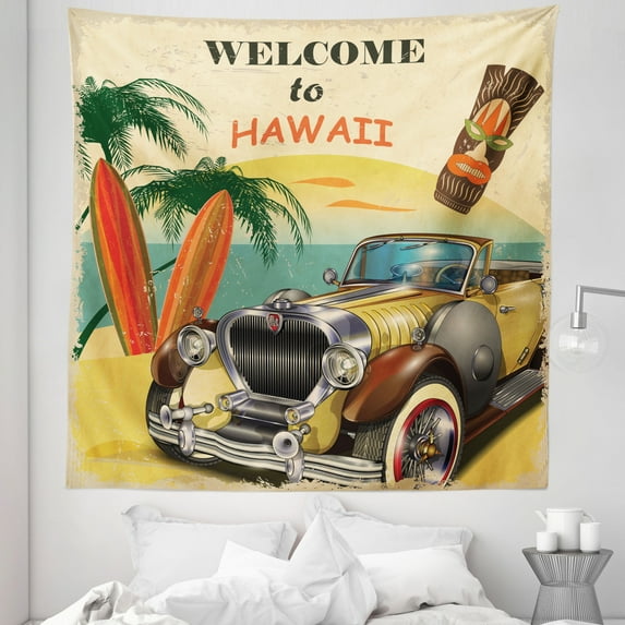 Colorful Tapestry, Welcome to Hawaii American Pop Art Print with Aged Car Palms Tribal Surfboards, Fabric Wall Hanging Decor for Bedroom Living Room Dorm, 5 Sizes, Multicolor, by Ambesonne