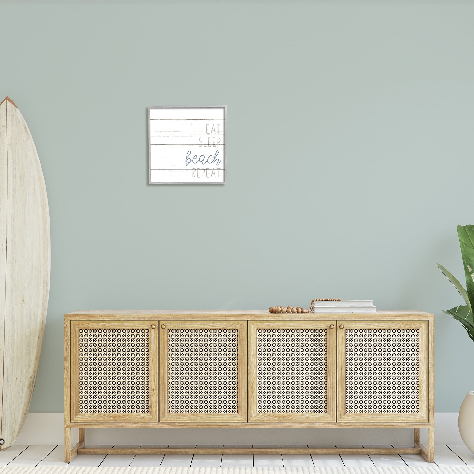 Stupell Industries Eat Sleep Beach Repeat Phrase White Planked Pattern, 17 x 17, Design by Kim Allen
