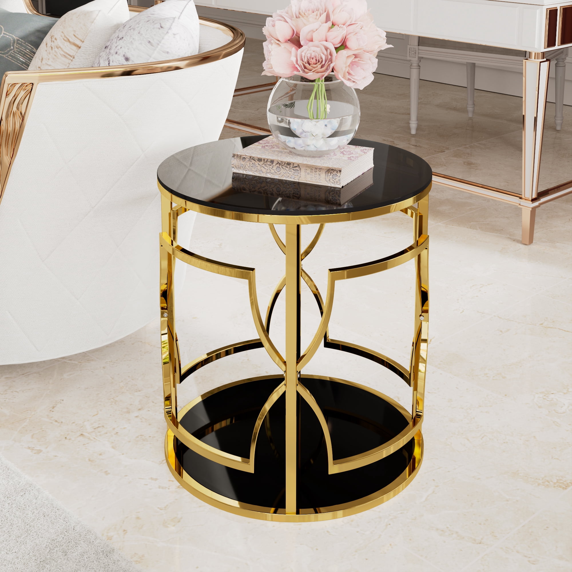 19.7" Round Side Table with Tempered Glass Top, 2-Tier Storage Shelf Modern Small End Table with Metal Frame, Sofa Side Accent Table