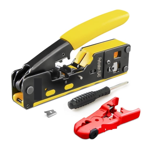 RJ45 RJ11 Pass Through Crimping Tool for Cat7/6A Cat6/5 Ethernet Modular Plugs Connectors With Stripper and Spare Blade ,Multi Function
