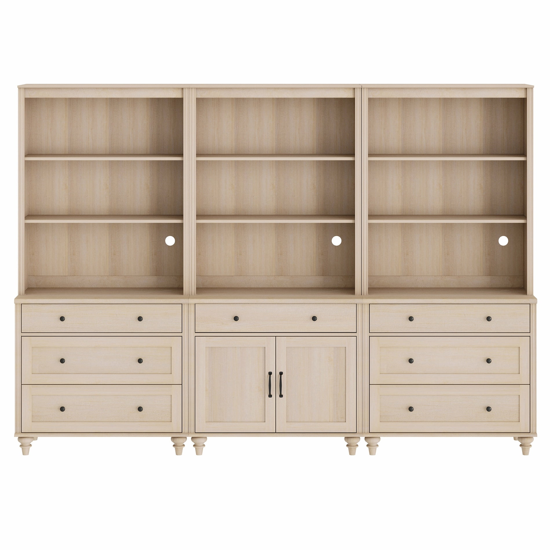 Farmhouse 5 Tier Bookcase With 7 Drawers and 2 Doors, Beige, 101.6" W