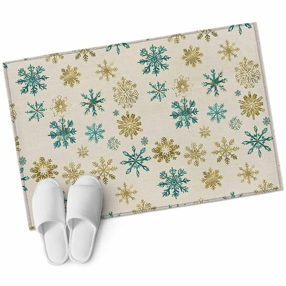 Teal Yellow Snowflake Christmas Bathroom Mat 2x3 FT, Non Slip Small Kitchen Mat, Xmas Snowflake Rustic Washable Soft Backed Front Door Throw Rug Non-Shedding Indoor Outdoor Doormat for Entryway Sink