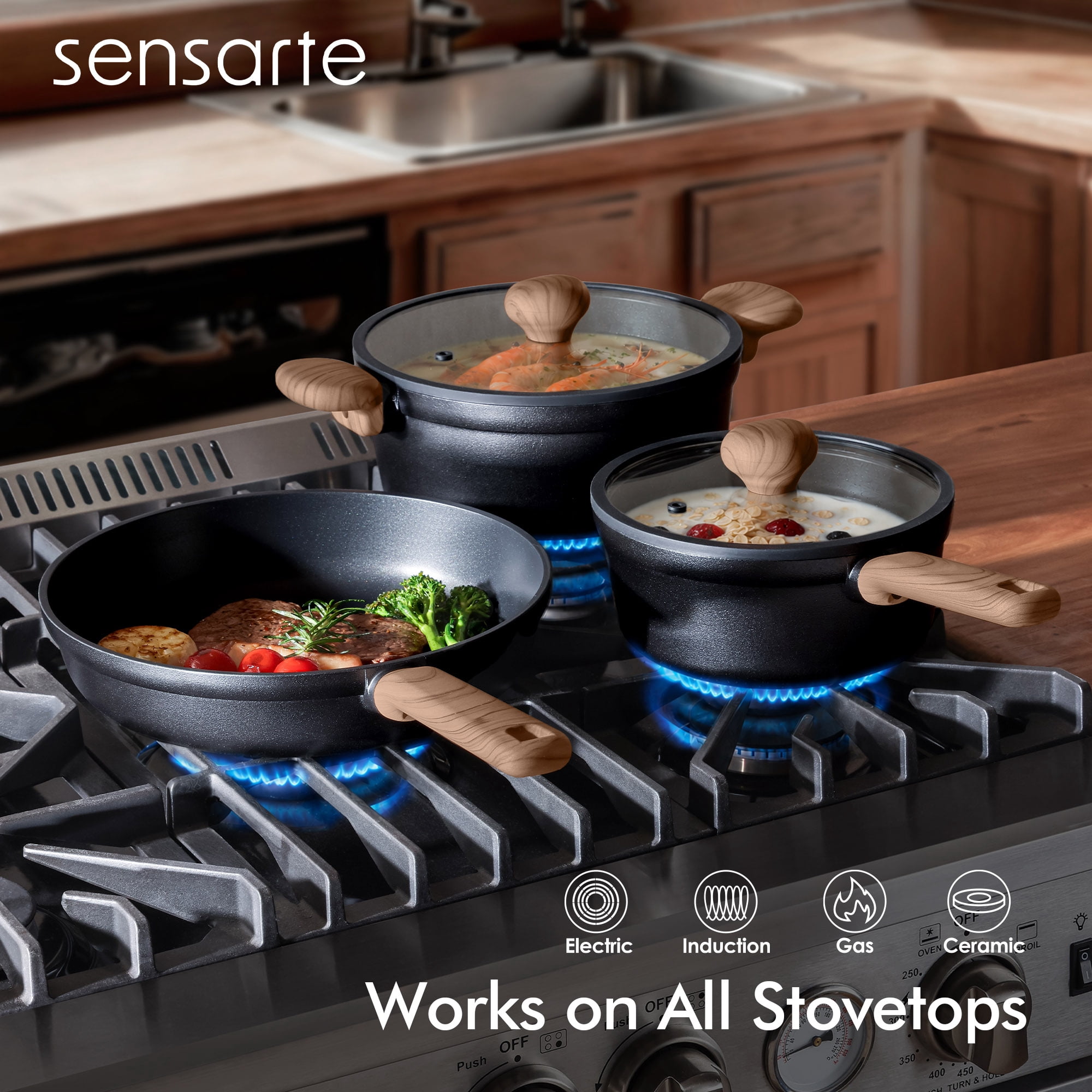 SENSARTE 24-Piece Nonstick Pots and Pans Set, Matte Black Titanium Induction Cookware Set, Healthy Kitchen Cooking Sets with Stay-Cool Handles, Dishwasher & Oven Safe, Stackable