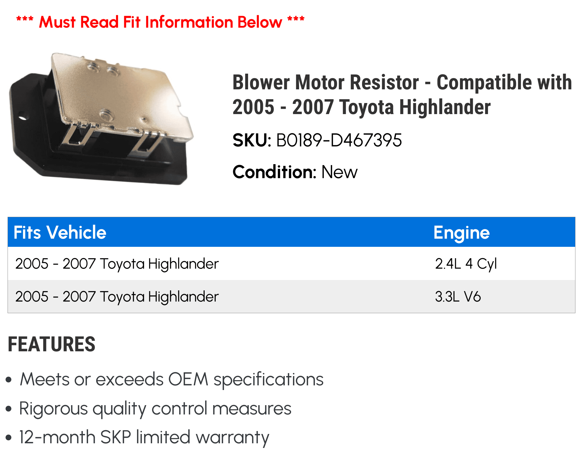 Blower Motor Resistor - Compatible with 2005 - 2007 Toyota Highlander 2006
