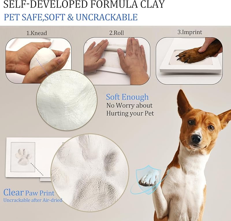 Zeokiar Paw Print Frame Kit,Dog/Cat Paw Print Kit,Soft Pawprint Clay&Clean Touch Ink Pad,Pet Paw Print Impression Kit with Customization Tool,Wooden Pet Memorial Frame,DIY Dog Lover Gifts