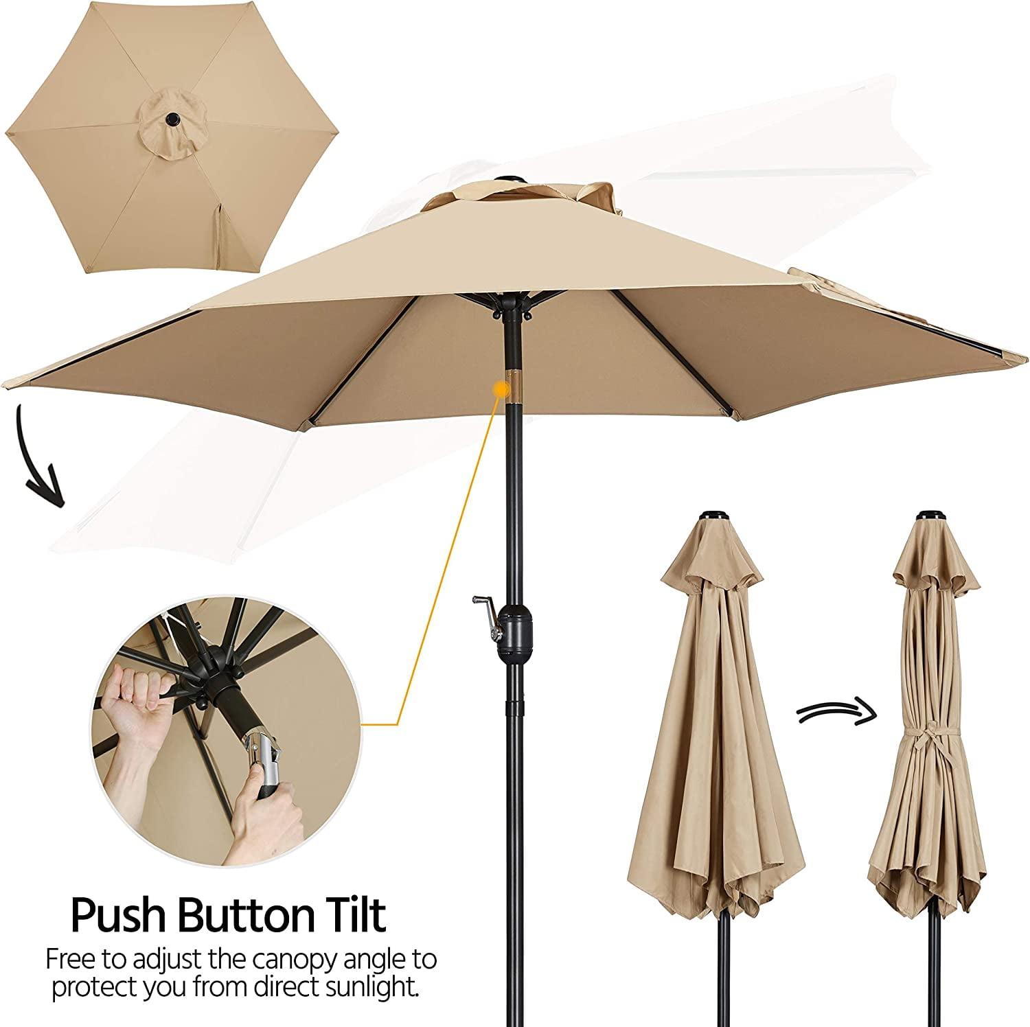 Librala Grace 7.5FT Patio Umbrella Outdoor with Heavy Duty Base Included,Table Umbrella with Push Button Tilt and Crank, UV Protection Waterproof for Yard/Outdoor/Wedding Parties and Events - Tan