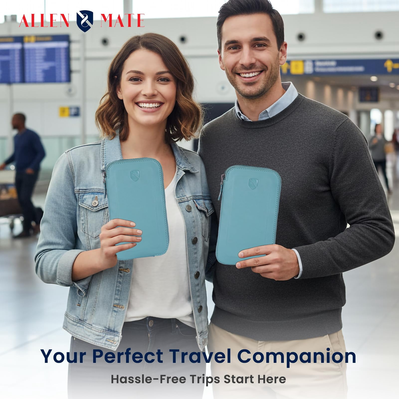ALLEN & MATE Genuine Leather Phone Pouch Case Sleeve with Zip – Slim Mobile Phone Holder Wallet for Passport ID and Cards Fits iPhone 17 Pro Max, 16, 15 Samsung Galaxy S25 & Android - Lagoon