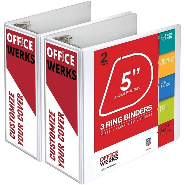 2 Pack of 5 Inch 3 Ring Binder with Locking Angle D Rings, Professional Heavy Duty Large Storage Binder with Pockets, Fits 8.5 x 11 Inch Sheets, Non-