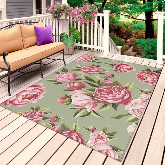 Flowers Vintage Outdoor Rug for Patio/Deck/Porch, Non-Slip Large Area Rug 5 x 7 Ft, Green Leaves Pastoral Floral Country Indoor Outdoor Rugs Washable Area Rugs, Reversible Camping Rug Carpet Runner