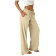 thumbnail image 4 of Miluxas Women's Paperbag Waist Wide Leg Pants Solid Color High Waist Drawstring Work Casual Trousers with Pockets for Vacation Travel Khaki, 4 of 5