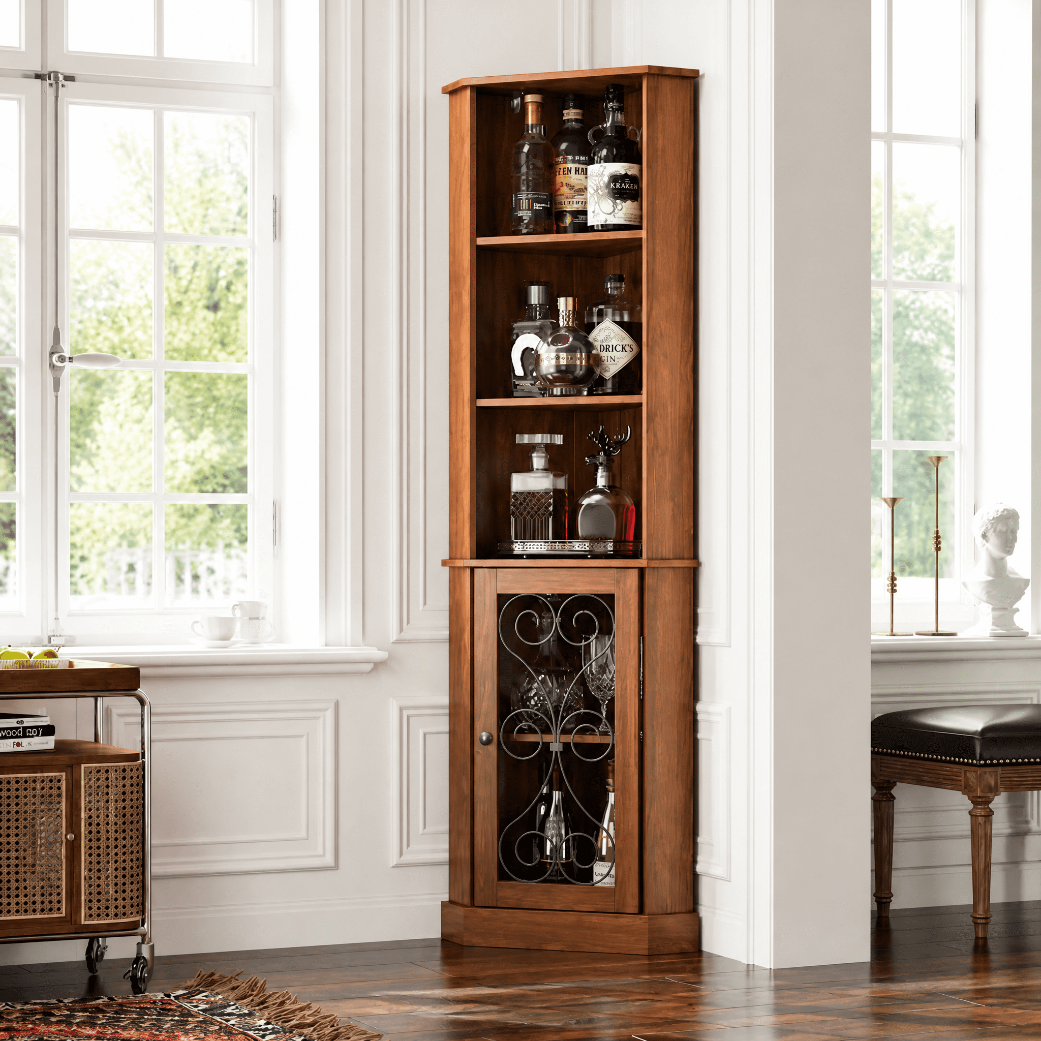 Corner Liquor Cabinet 3-Tier Display Storage with Door for Living Room Dining Room Bar
