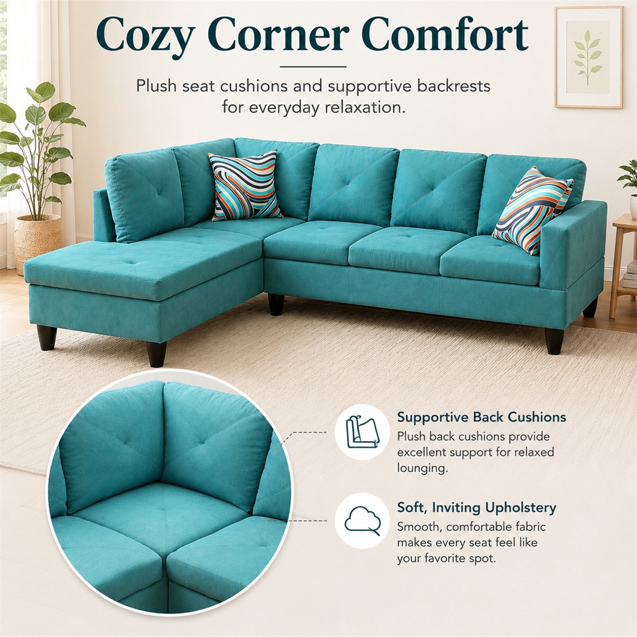 Aukfa 97" Classic Sectional Sofa 4 Seat L shape Couch for Living Room, 2Pillows, Oversized Left Chaise, Linen, Aqua Blue