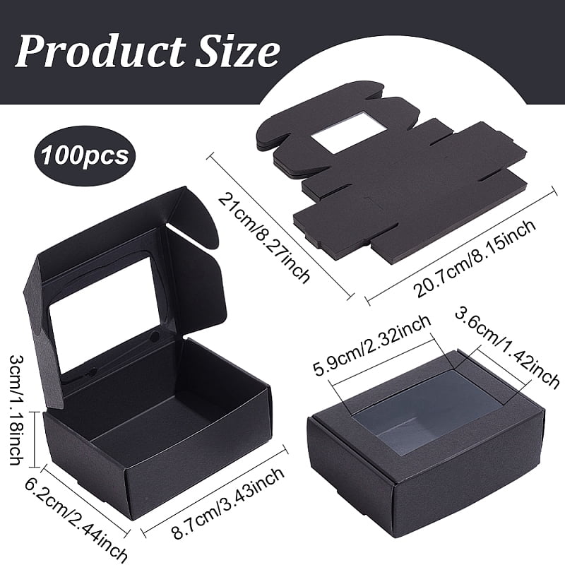 100Pcs Craft Paper Boxes with Windows Rectangle Black 6.2x8.7x3cm for DIY