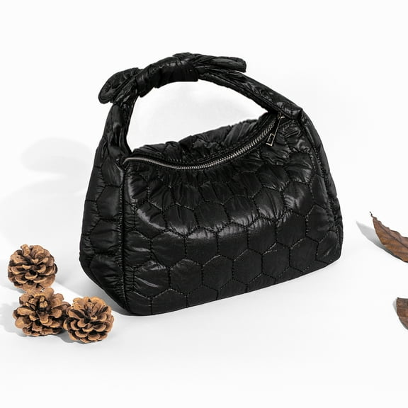 Black Quilted Nylon Handbag for Women Hexagon Lightweight Purse Fashion Casual Clutch Bag