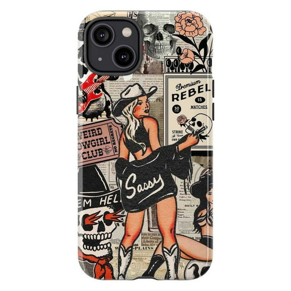 Retro Cowgirl Collage Phone Case, Sassy Western Rebel Girl Design iPhone Cover, Vintage Tattoo Aesthetic Protective Case for iPhone 16 15 14 13 12 11 Pro Plus Max Mini