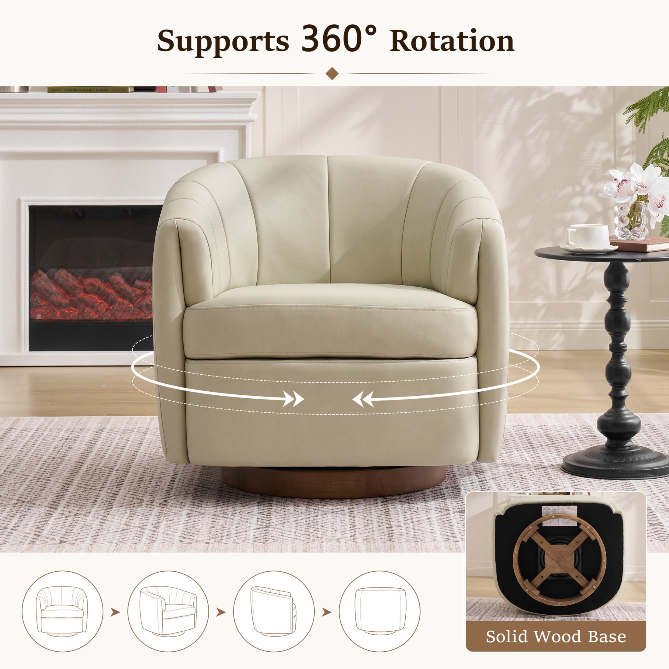 Noble House Swivel Accent Chair with Solid Wood Base, PU Leather Upholstered Armchair for Living Room, Cream