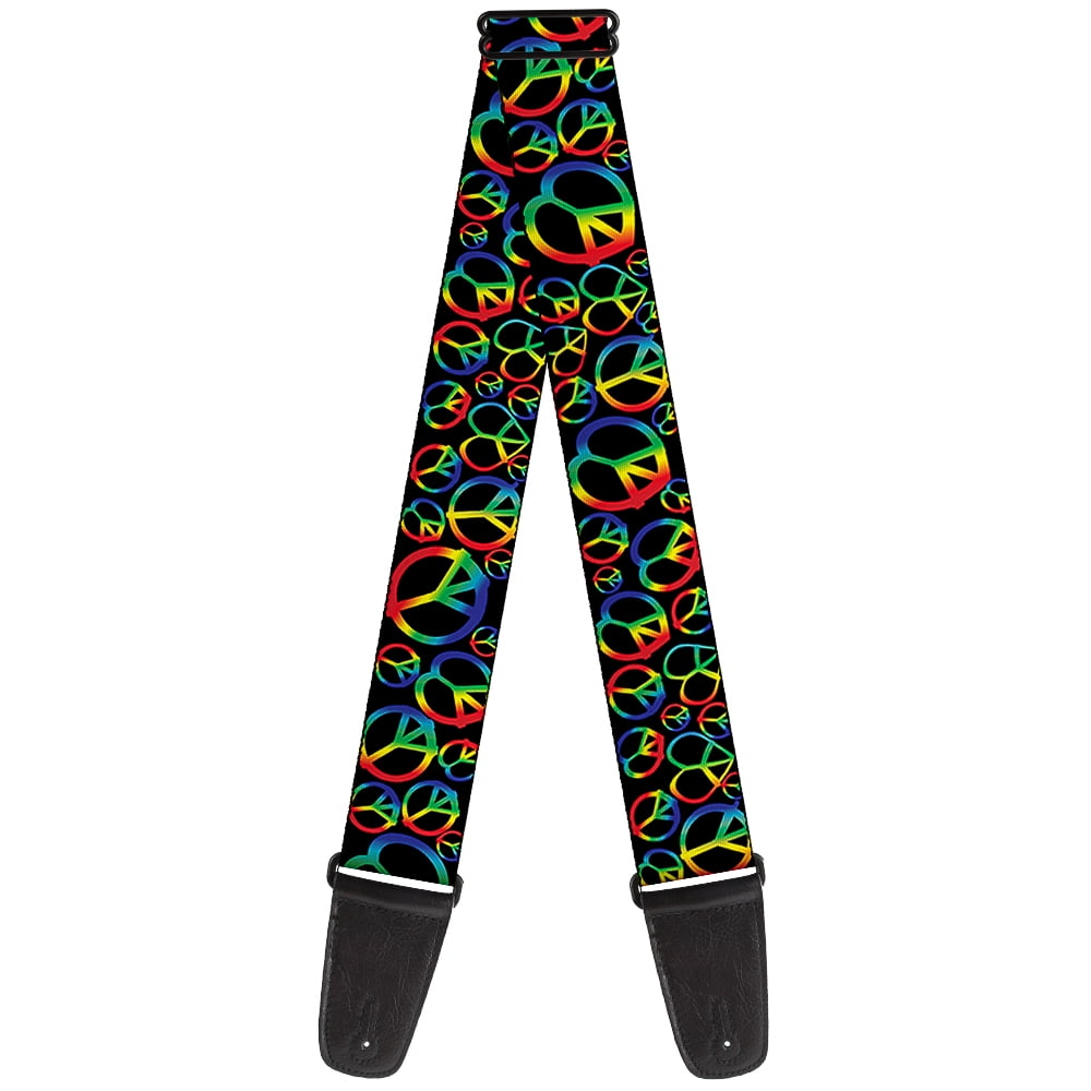 Buckle-Down Guitar Strap, Peace Heart Black Rainbow Ombre, 2 Inches Wide