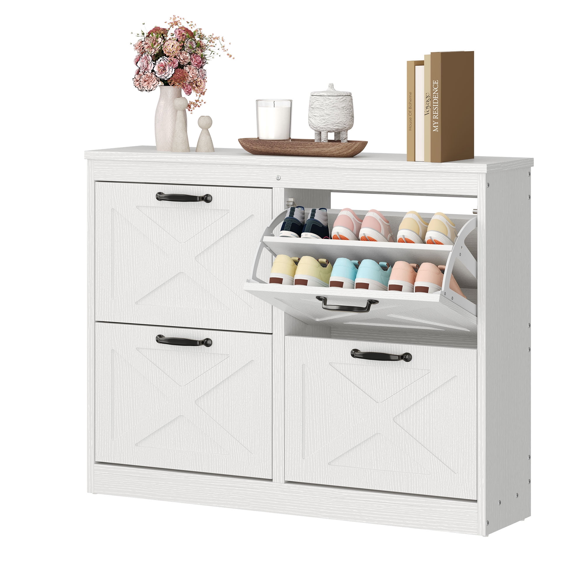 Uforic Shoe Storage Cabinet with 4 Flip Drawers, Farmhouse Wood Shoe Cabinet, FreeStanding Narrow Shoe Rack Organizer with Metal Legs for Entryway, Hallway, White