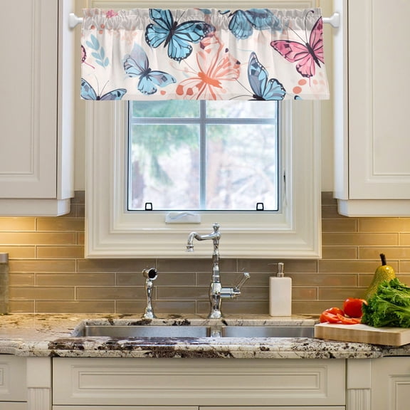 Butterflies Blue Pink Curtain Valances Farmhouse Design Window Treatment Decor Blackout Rod Pocket for Windows Living Room Kitchen 54" x 18"