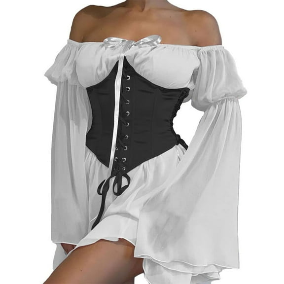 ShomPort Women's Long Sleeve Tie Back Casual Dresses Ruffled off Shoulder A-Line Vintage Mini Dress