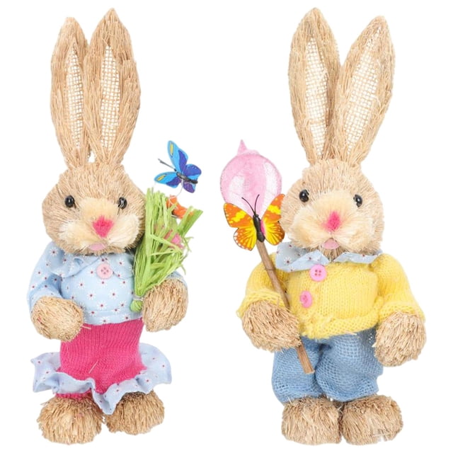 veasfak 1 paar Standing Straw Easter Rabbit Ornament Crafts Animal Photo Props Art Bunny B