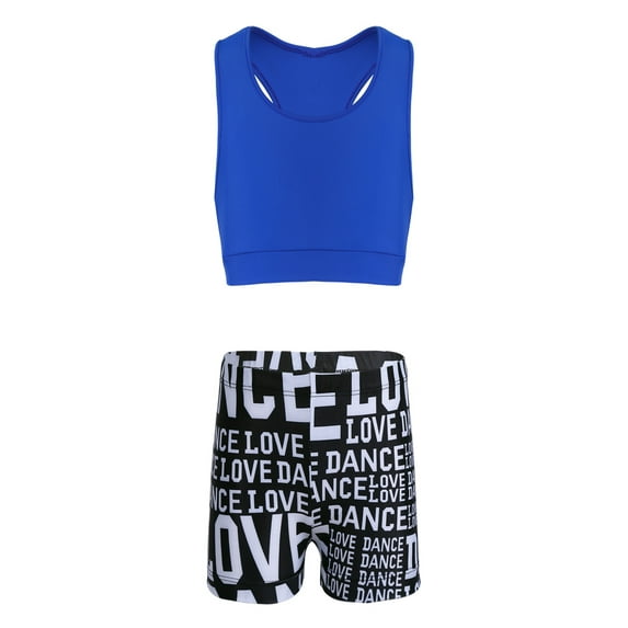YONGHS Kids Girls Gymnastics Sports Outfits Racer Back Crop Top Booty Shorts Set Blue&Black 10-12