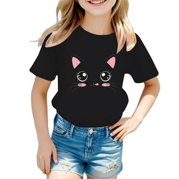 Hiijoy Toddler Girls' T-Shirt Cute Cat Print Short Sleeve Cotton T Shirt Children'S Casual Tshirt