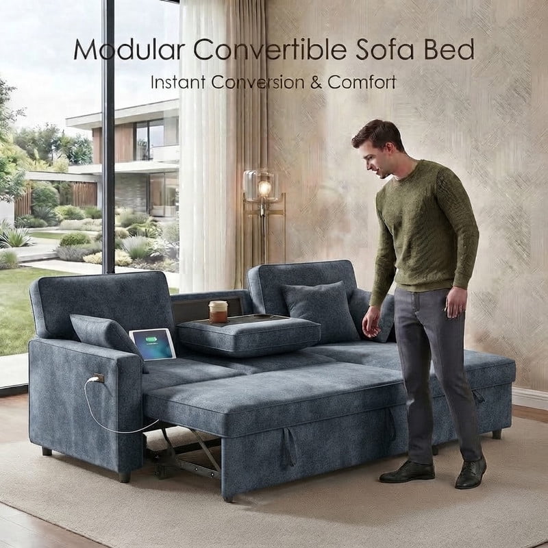 89" L-Shaped Sectional Sleeper Sofa, 3-Seater Pull-Out Couch with Flip-Down Center Console, Cup Holders, Charging Ports & Storage, Chenille Convertible Sofa Bed for Living Room, Apartment & Office