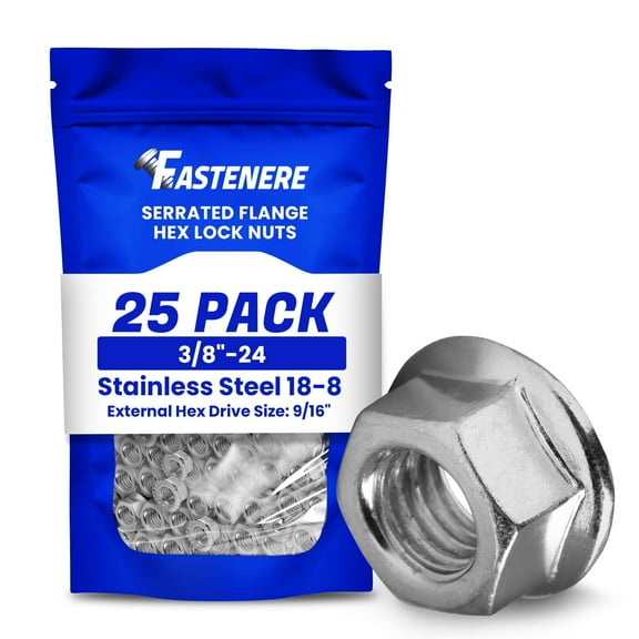 Fastenere Serrated Flange Nuts - 3/8"-24 (25-Pack) Fine, Plain Finish, Stainless Steel 18-8 Hex Lock Hardware Nuts for Industrial & Home Use