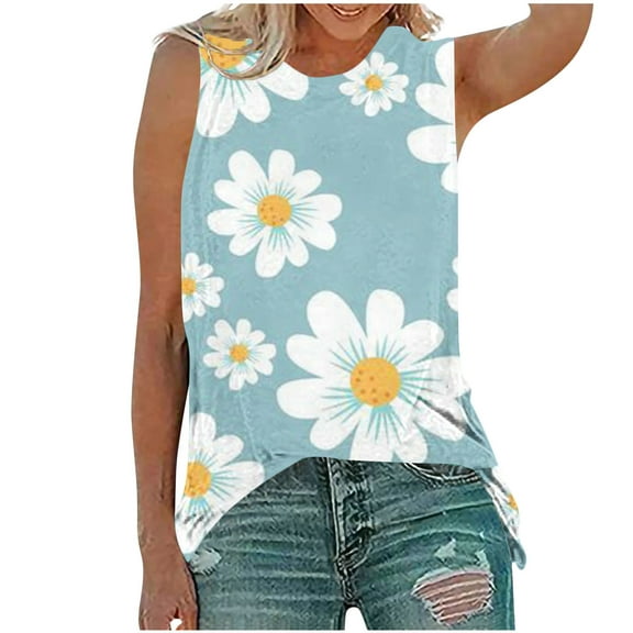 QLEICOM Women Sunflower Floral Print Tank Tops Summer Casual Sleeveless Basic Cami Top Slim T Shirts Vest Blouse B XL, US Size 10