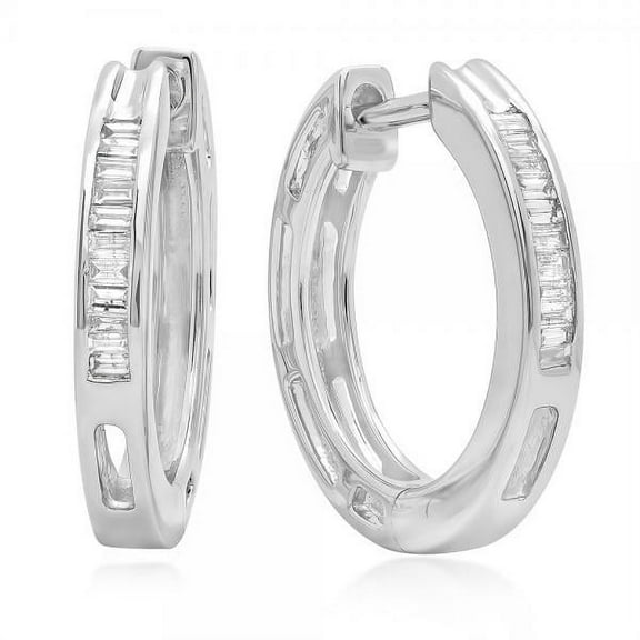 0.15 Carat (ctw) Sterling Silver Baguettes Diamond Huggie Hoop Earrings