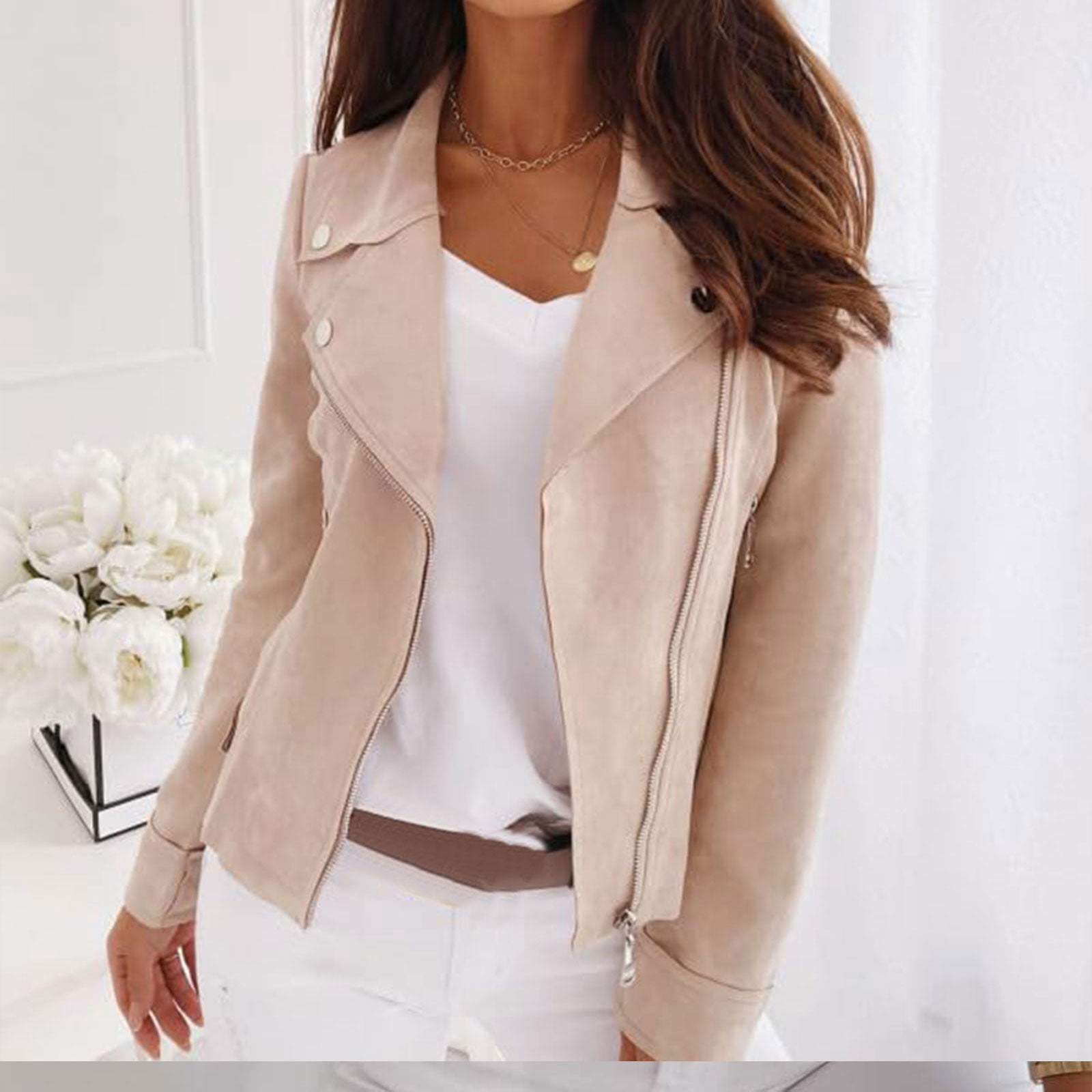 Uooqdmx Cropped Jacket Women Suede Jacket Women Zip Up Jackets for Women Faux Leather Jacket Women Open Front Cropped Coat Outwear, Beige L