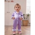 thumbnail image 5 of RUINIXCW Toddler Baby Girl Silk Stain Pajamas Newborn Infant Baby Girls Romper One Piece Spring Fall Sleepwear Lapel V Neck Fuzzy Trim Long Sleeve Button Up Jumpsuit Homewear, 5 of 9