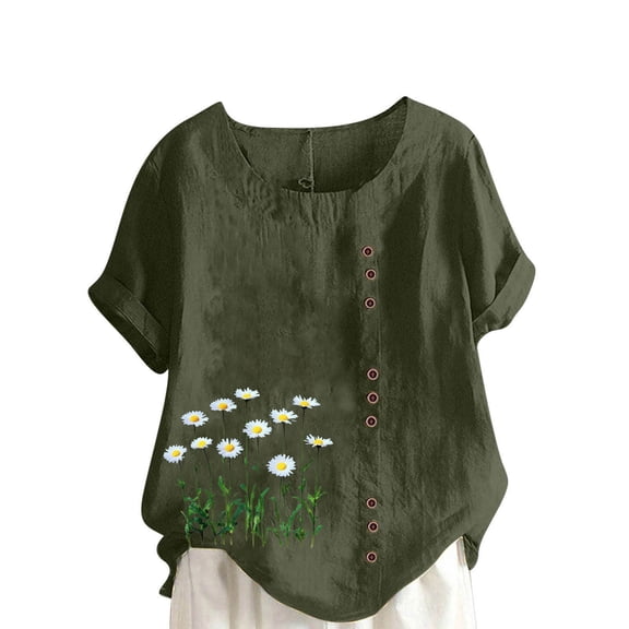 AVTOIFY Summer Womens Blouses Dressy Casual, Women Casual And Linen Round-Neck Printed Short Sleeve Button T-shirt Blouse Army Green XXL