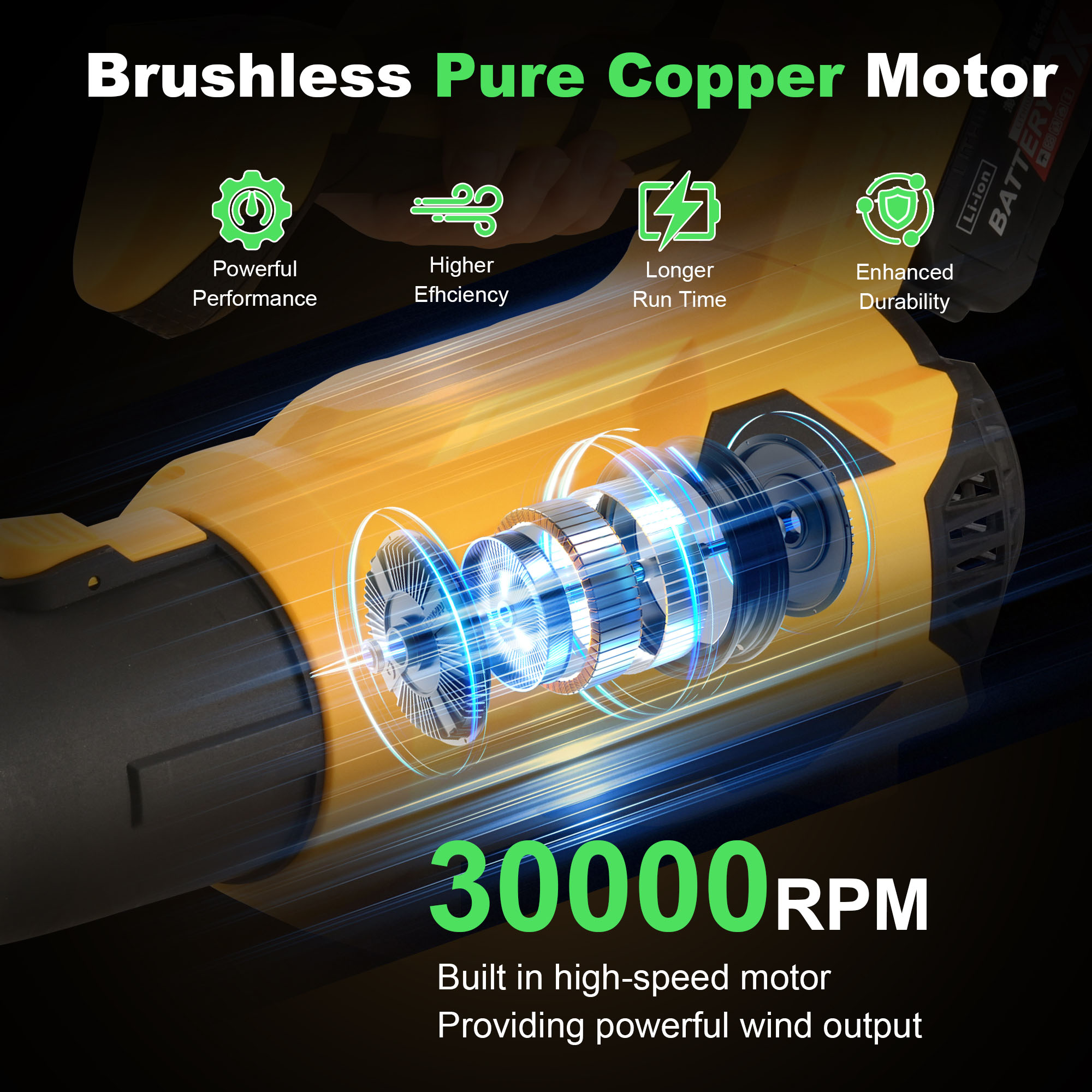 Cordless Leaf Blower with Battery and Charger, 650CFM Handheld Blower with Extended Nozzle, 5-Speed Adjustable for Yard Cleaning and Car Drying, Yellow